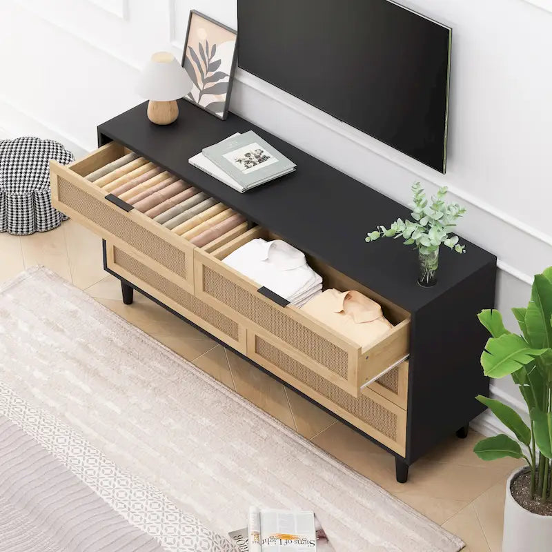 6-Drawer Rattan Dresser Storage Cabinet with Smooth Glide Black Brown