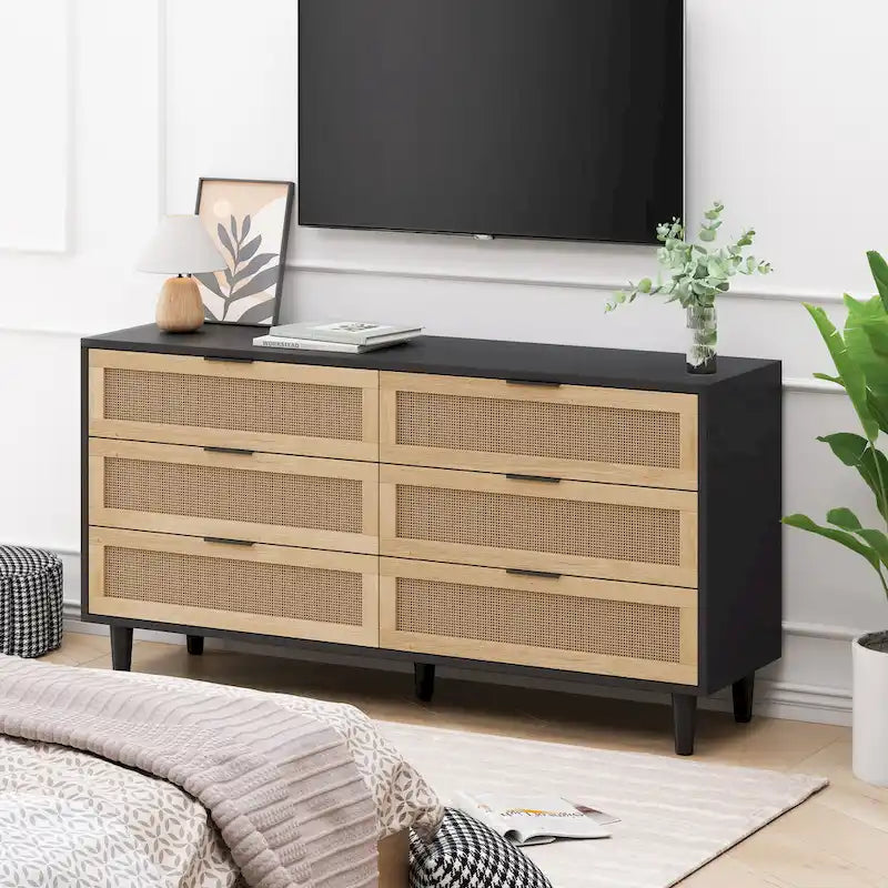 6-Drawer Rattan Dresser Storage Cabinet with Smooth Glide Black Brown