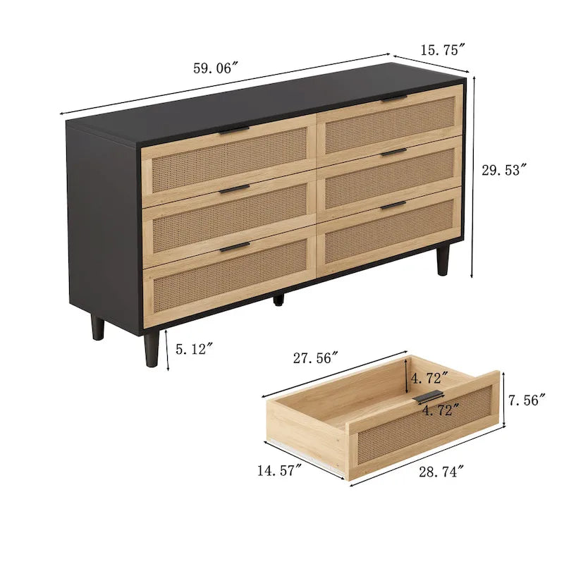 6-Drawer Rattan Dresser Storage Cabinet with Smooth Glide Black Brown