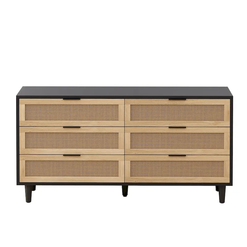 6-Drawer Rattan Dresser Storage Cabinet with Smooth Glide Black Brown