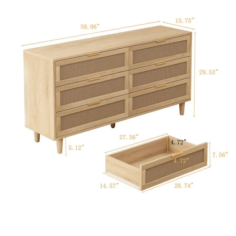 6-Drawer Rattan Dresser Storage Cabinet with Smooth Glide Black Brown