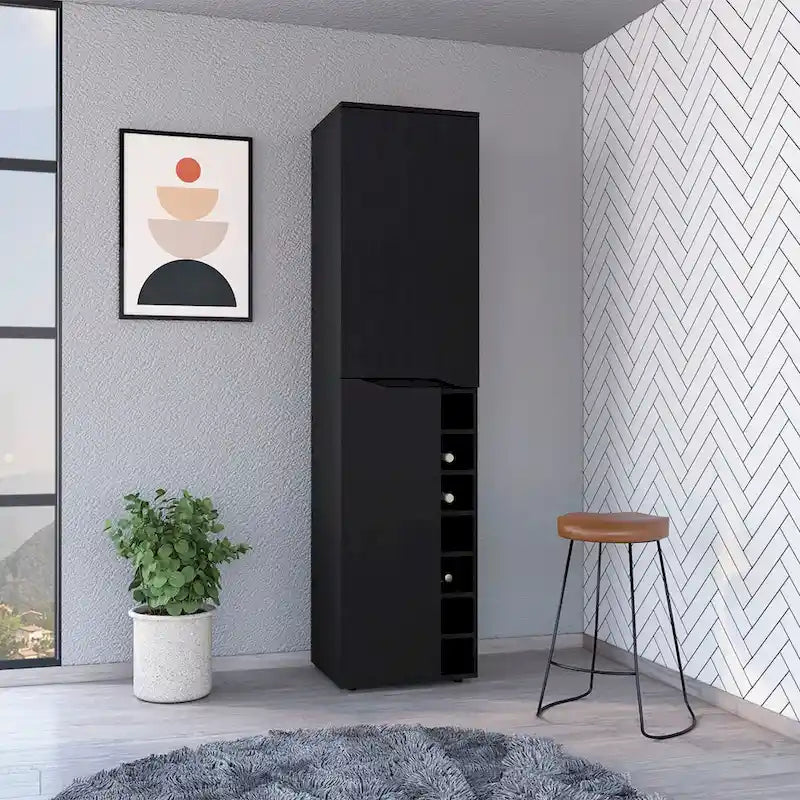 Black Tall Storage Cabinet with Wine Rack and Adjustable Shelves for Living Room