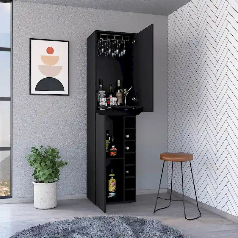 Black Tall Storage Cabinet with Wine Rack and Adjustable Shelves for Living Room