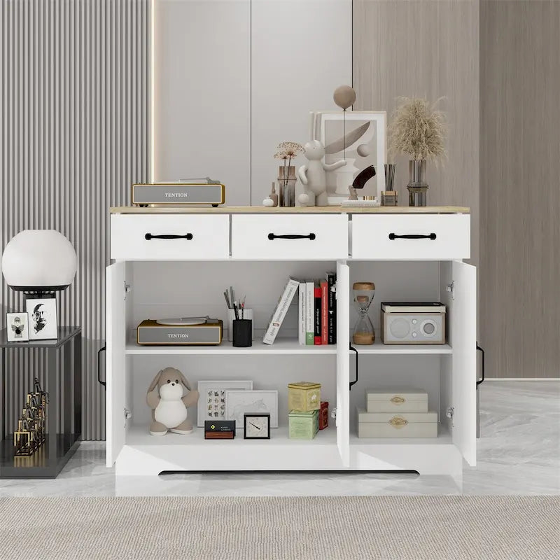 White Wood Grain Sideboard Cabinet with 3 Drawers and 3 Doors