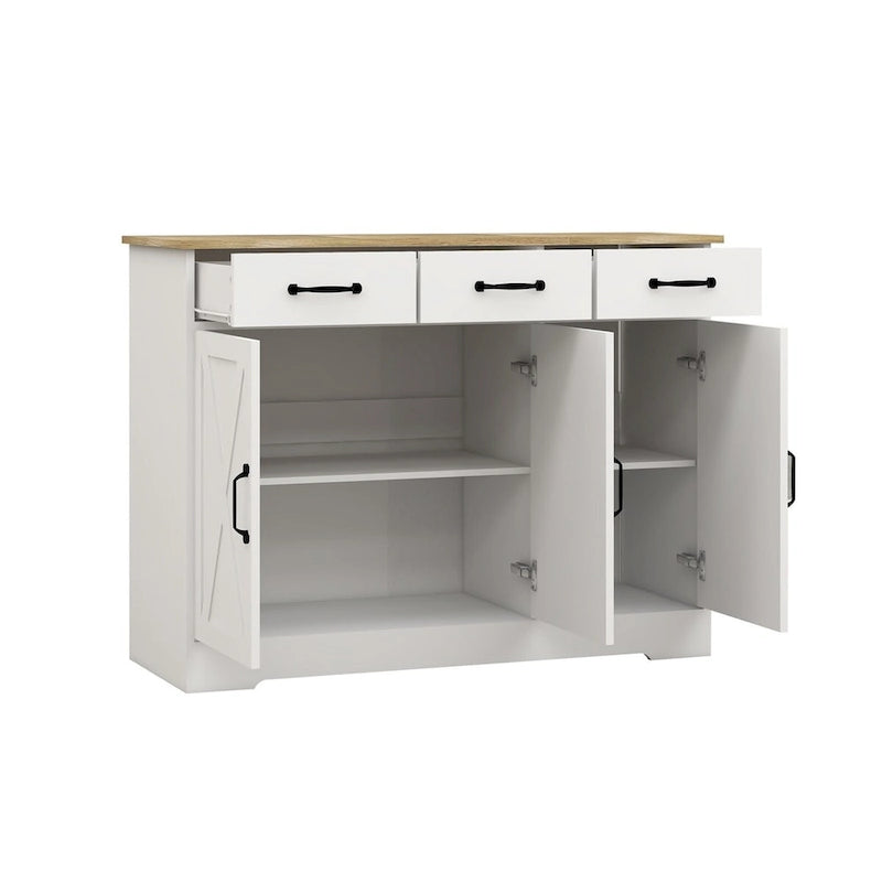 White Wood Grain Sideboard Cabinet with 3 Drawers and 3 Doors
