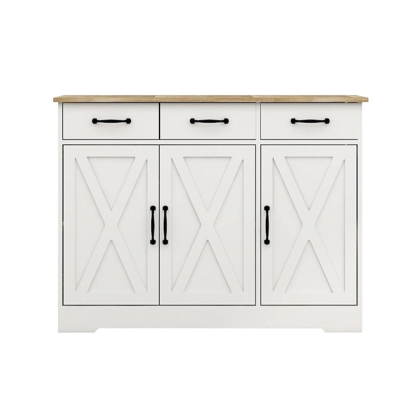 White Wood Grain Sideboard Cabinet with 3 Drawers and 3 Doors