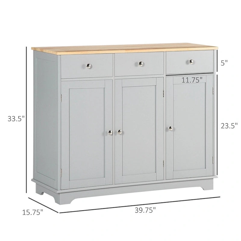 Kitchen Sideboard Cabinet with 3 Drawers and Adjustable Shelves Gray White