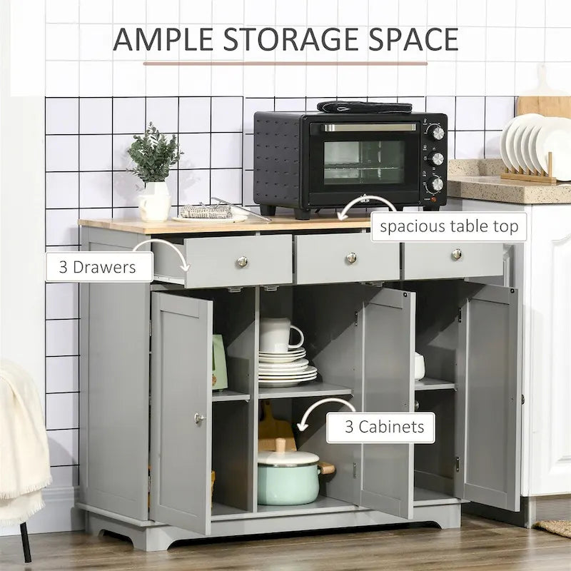 Kitchen Sideboard Cabinet with 3 Drawers and Adjustable Shelves Gray White