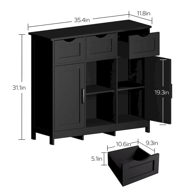 Black Matte 3-Drawer Sideboard Cabinet with Adjustable Shelves and Double Doors