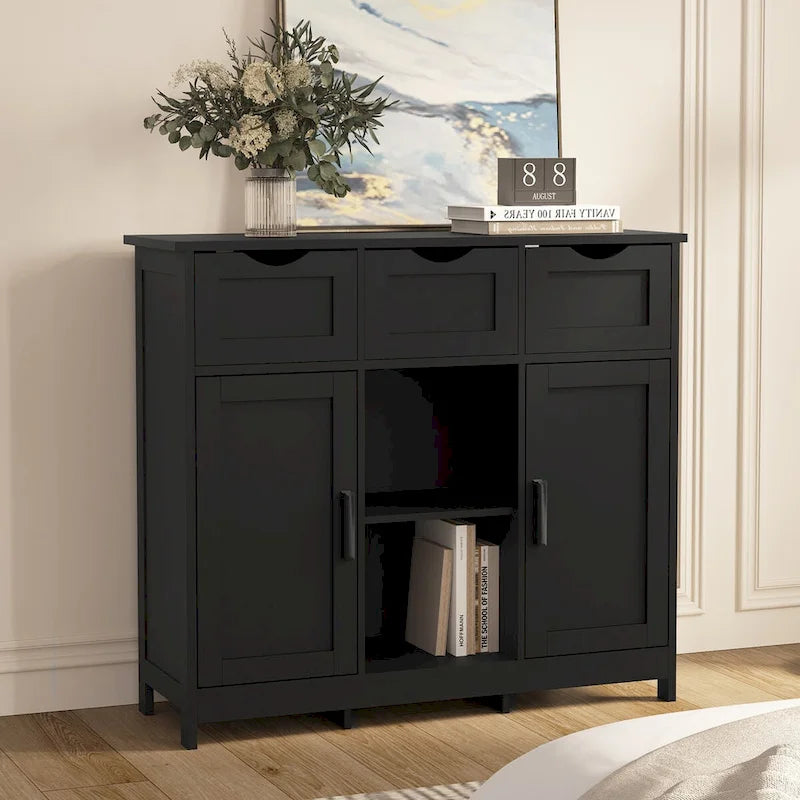 Black Matte 3-Drawer Sideboard Cabinet with Adjustable Shelves and Double Doors