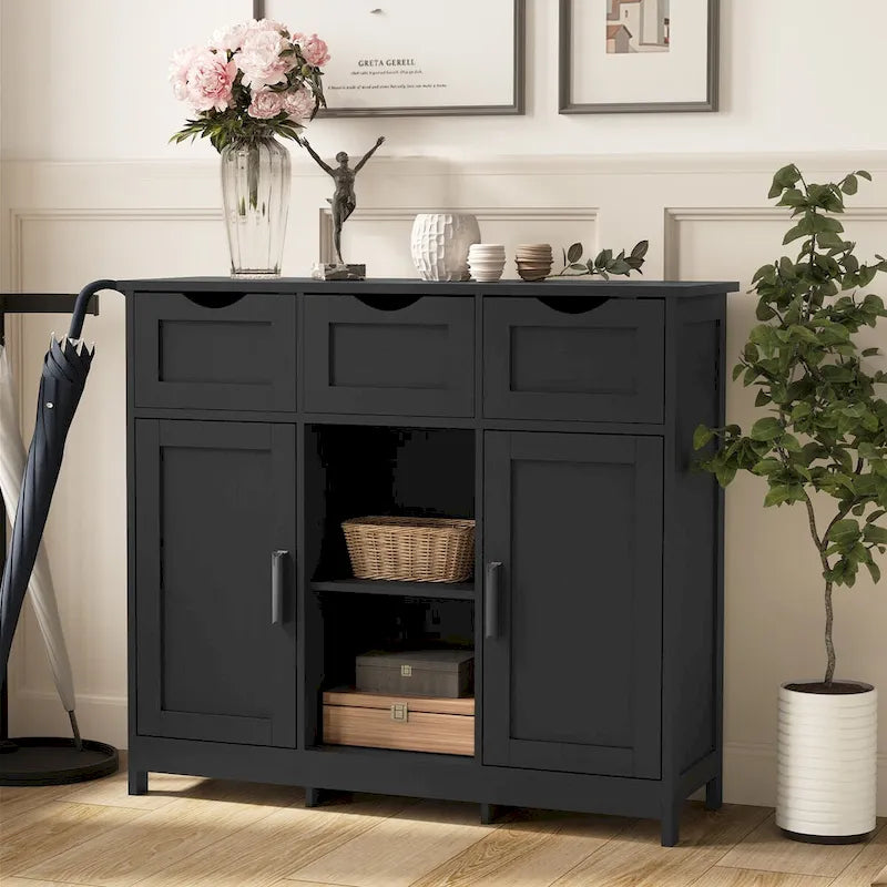 Black Matte 3-Drawer Sideboard Cabinet with Adjustable Shelves and Double Doors