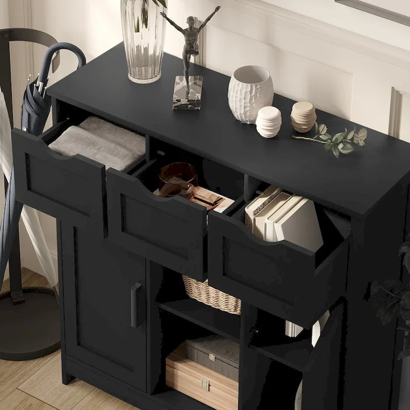 Black Matte 3-Drawer Sideboard Cabinet with Adjustable Shelves and Double Doors