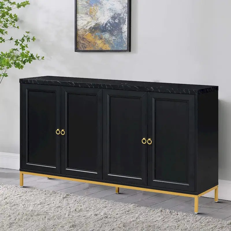 Wooden Sideboard Cabinet with Faux Marble Top Gold Handles Black Light Gray