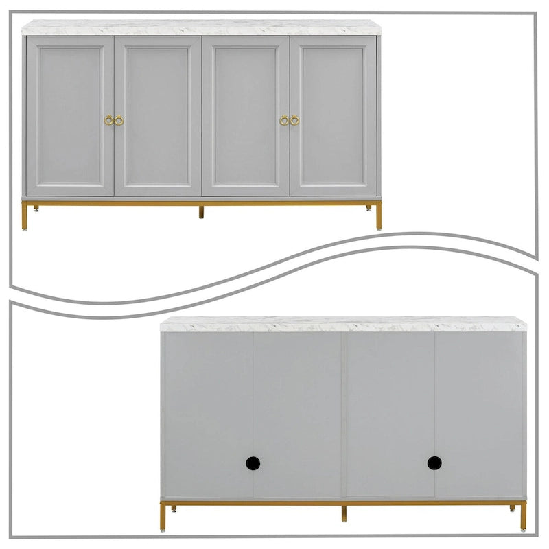 Wooden Sideboard Cabinet with Faux Marble Top Gold Handles Black Light Gray