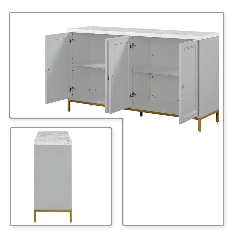Wooden Sideboard Cabinet with Faux Marble Top Gold Handles Black Light Gray