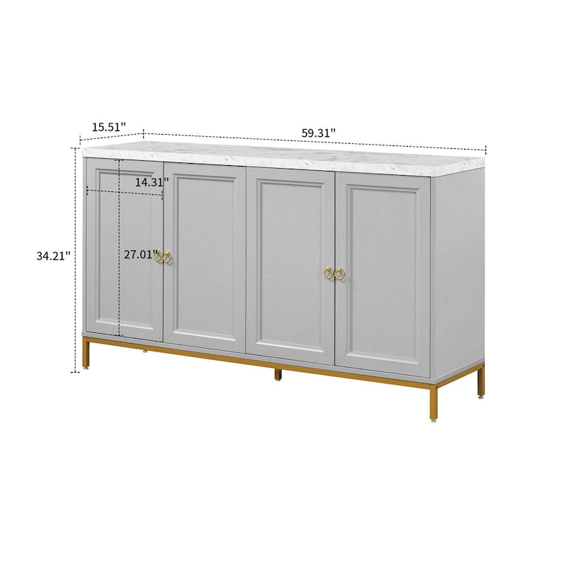 Wooden Sideboard Cabinet with Faux Marble Top Gold Handles Black Light Gray