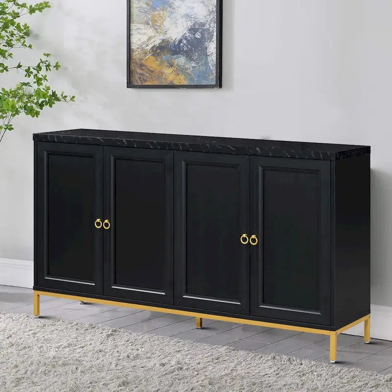 Wooden Sideboard Cabinet with Faux Marble Top Gold Handles Black Light Gray