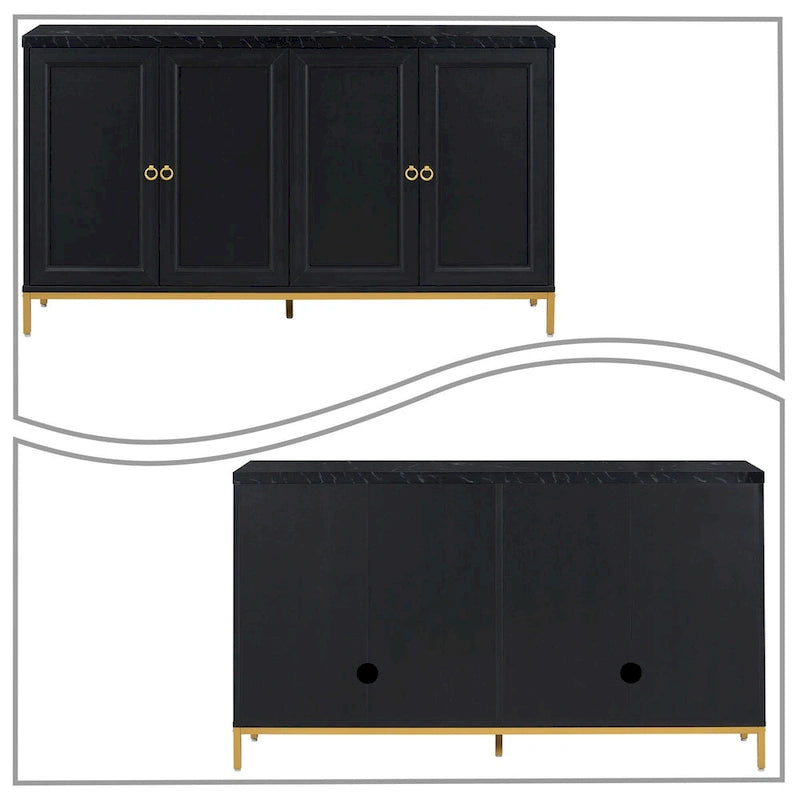 Wooden Sideboard Cabinet with Faux Marble Top Gold Handles Black Light Gray