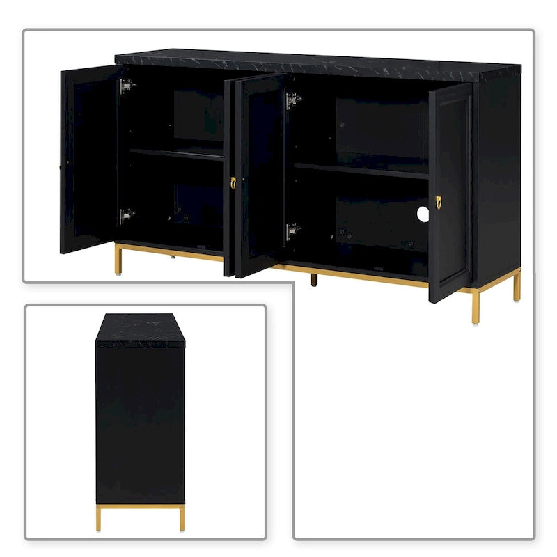 Wooden Sideboard Cabinet with Faux Marble Top Gold Handles Black Light Gray