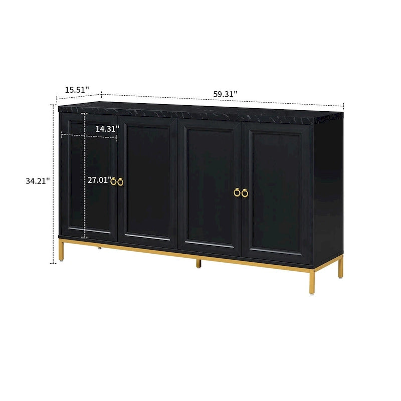 Wooden Sideboard Cabinet with Faux Marble Top Gold Handles Black Light Gray