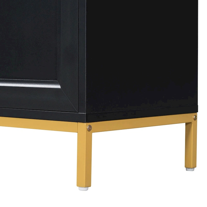 Wooden Sideboard Cabinet with Faux Marble Top Gold Handles Black Light Gray