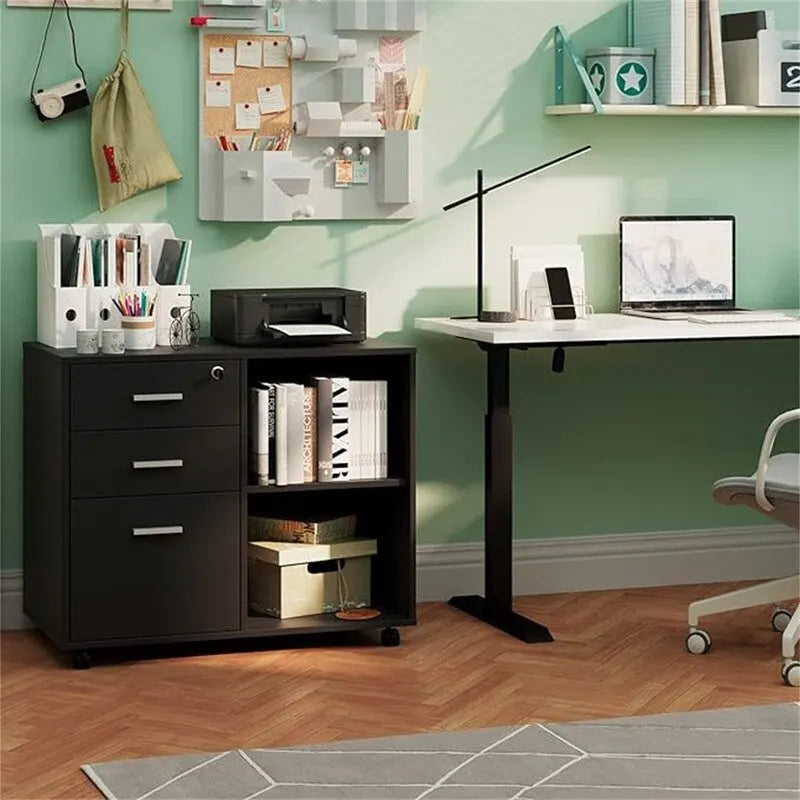 Mobile Wood Filing Cabinet with 3 Lockable Drawers and Open Shelves