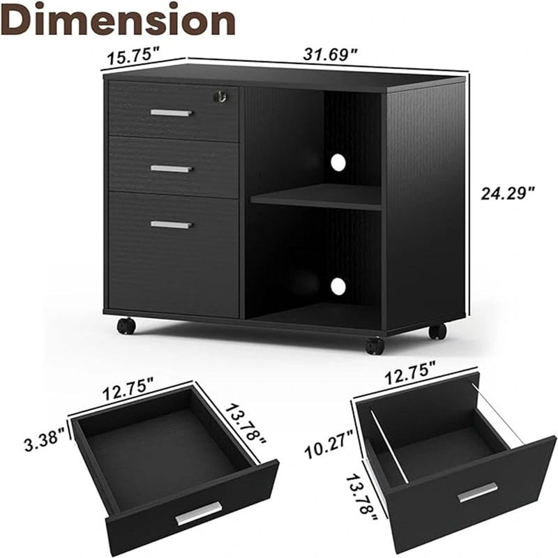 Mobile Wood Filing Cabinet with 3 Lockable Drawers and Open Shelves