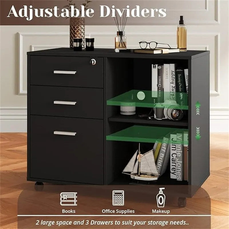 Mobile Wood Filing Cabinet with 3 Lockable Drawers and Open Shelves