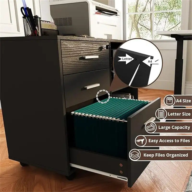Mobile Wood Filing Cabinet with 3 Lockable Drawers and Open Shelves