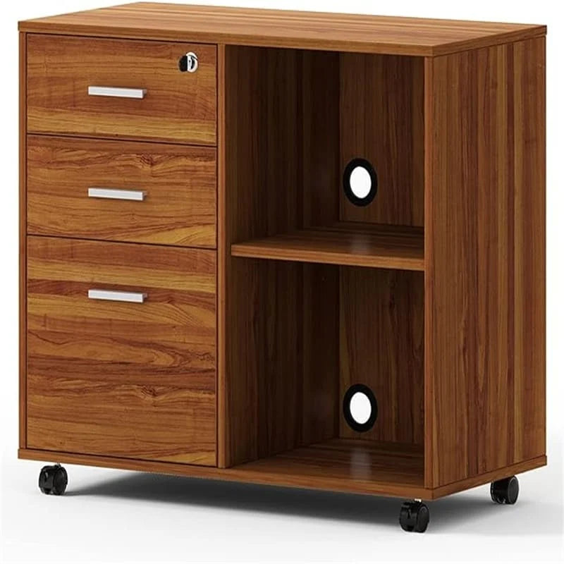 Mobile Wood Filing Cabinet with 3 Lockable Drawers and Open Shelves