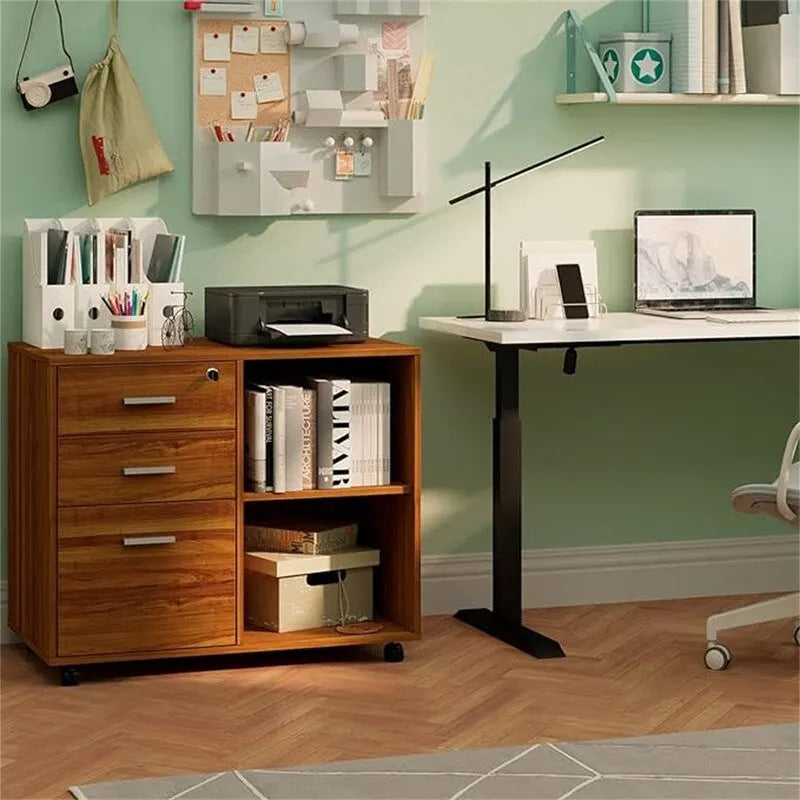 Mobile Wood Filing Cabinet with 3 Lockable Drawers and Open Shelves