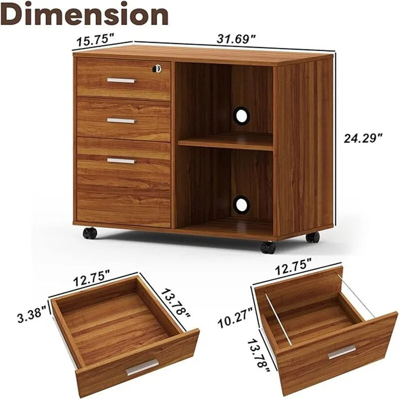 Mobile Wood Filing Cabinet with 3 Lockable Drawers and Open Shelves
