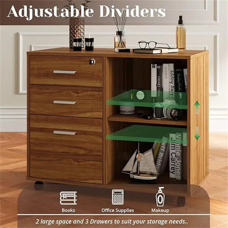 Mobile Wood Filing Cabinet with 3 Lockable Drawers and Open Shelves