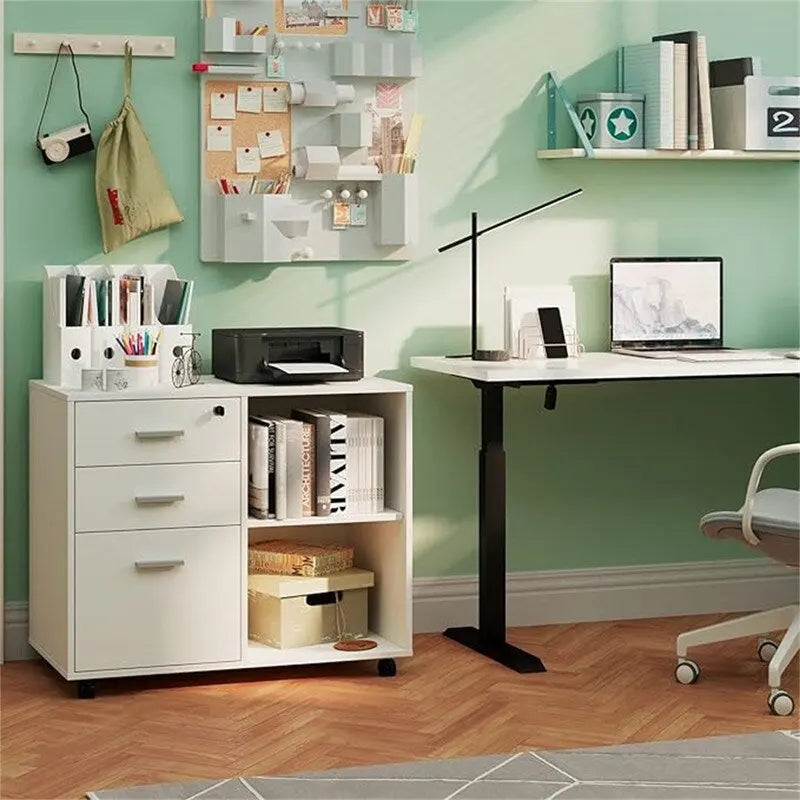 Mobile Wood Filing Cabinet with 3 Lockable Drawers and Open Shelves