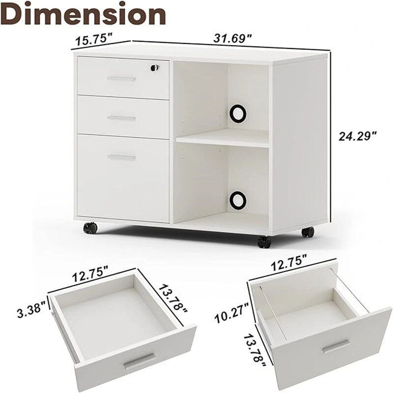 Mobile Wood Filing Cabinet with 3 Lockable Drawers and Open Shelves