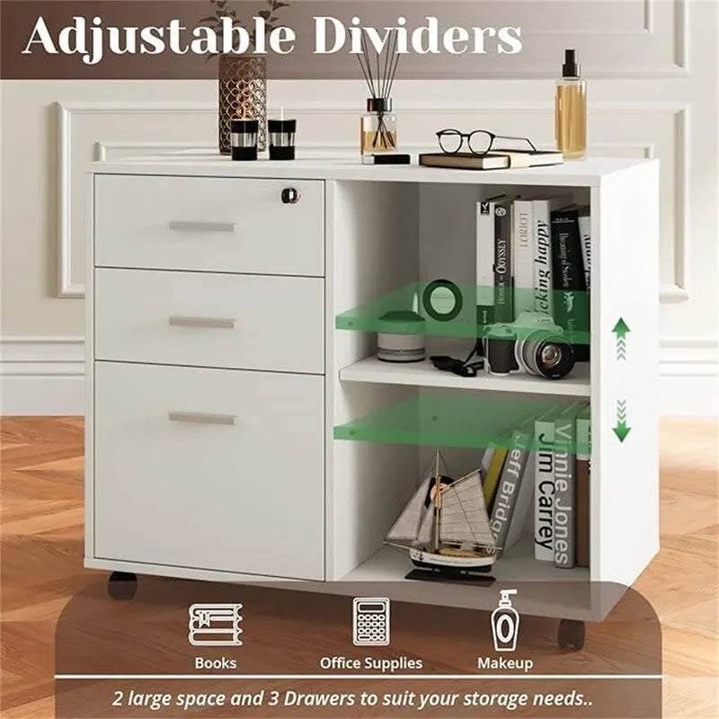 Mobile Wood Filing Cabinet with 3 Lockable Drawers and Open Shelves