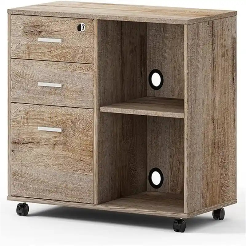 Mobile Wood Filing Cabinet with 3 Lockable Drawers and Open Shelves