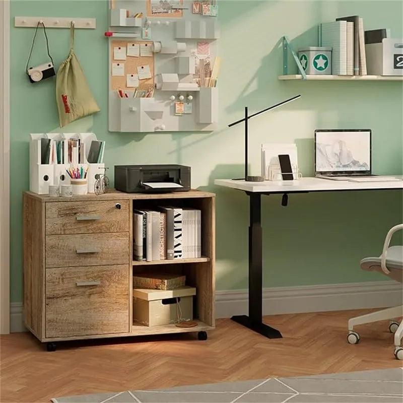 Mobile Wood Filing Cabinet with 3 Lockable Drawers and Open Shelves
