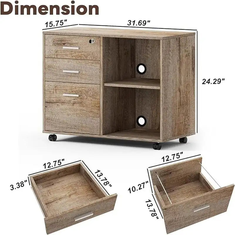 Mobile Wood Filing Cabinet with 3 Lockable Drawers and Open Shelves