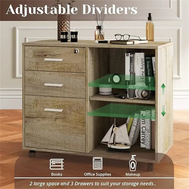 Mobile Wood Filing Cabinet with 3 Lockable Drawers and Open Shelves