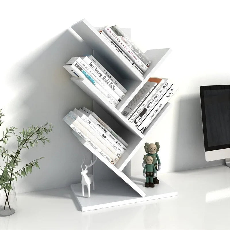 Tree-Shaped 5-Tier Wooden Desktop Bookshelf Organizer Brown White