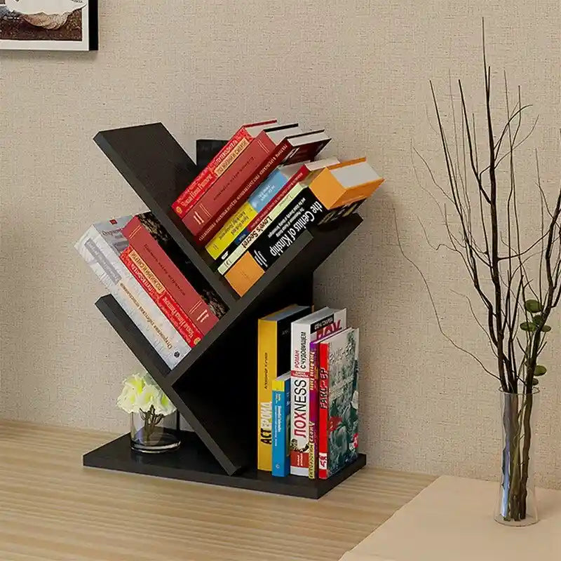 Tree-Shaped 5-Tier Wooden Desktop Bookshelf Organizer Brown White