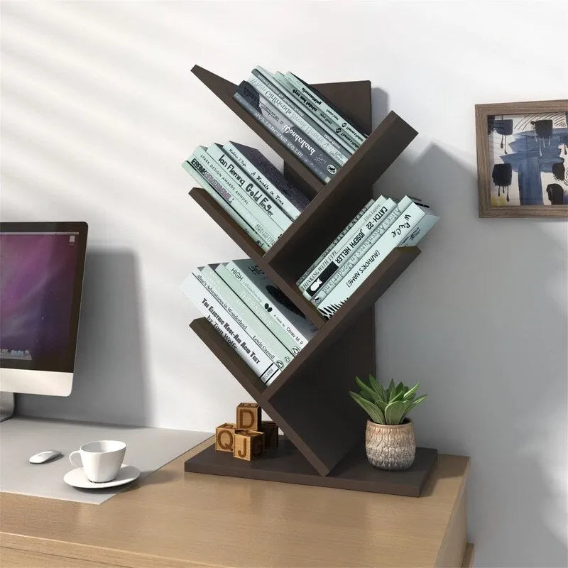 Tree-Shaped 5-Tier Wooden Desktop Bookshelf Organizer Brown White