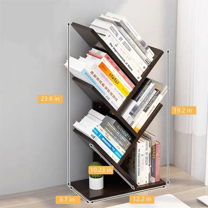Tree-Shaped 5-Tier Wooden Desktop Bookshelf Organizer Brown White
