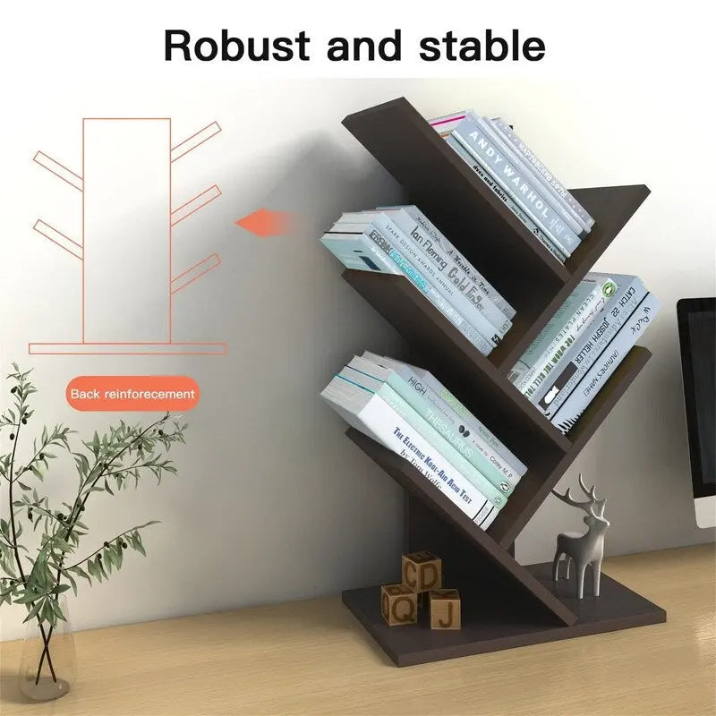 Tree-Shaped 5-Tier Wooden Desktop Bookshelf Organizer Brown White