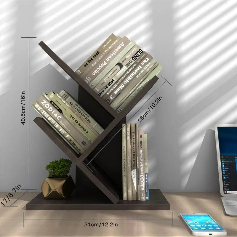 Tree-Shaped 5-Tier Wooden Desktop Bookshelf Organizer Brown White