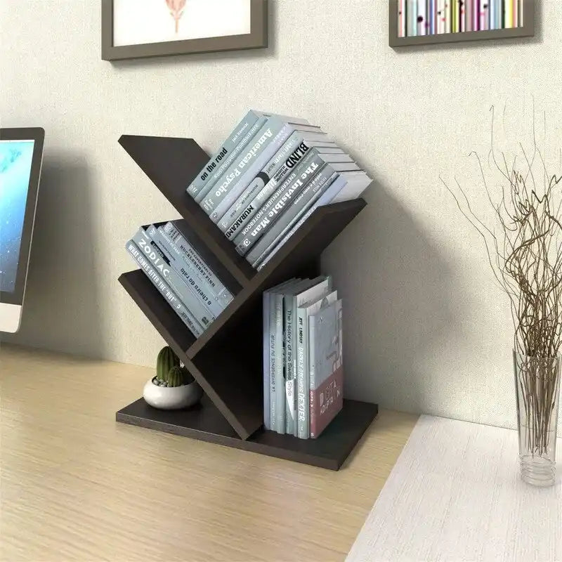 Tree-Shaped 5-Tier Wooden Desktop Bookshelf Organizer Brown White