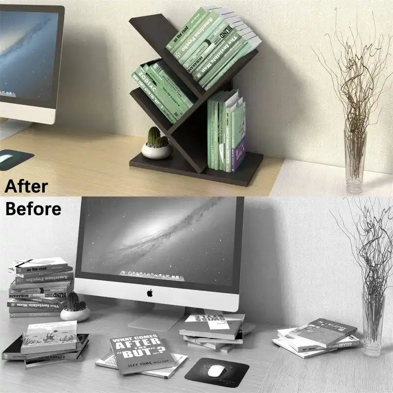 Tree-Shaped 5-Tier Wooden Desktop Bookshelf Organizer Brown White
