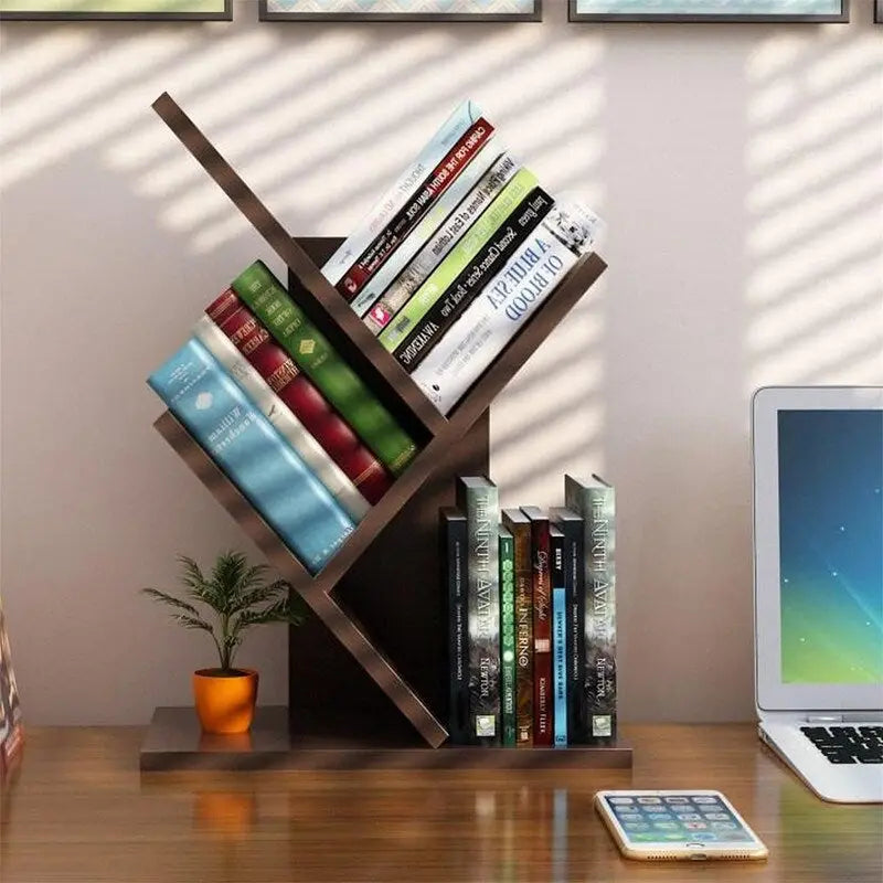 Tree-Shaped 5-Tier Wooden Desktop Bookshelf Organizer Brown White