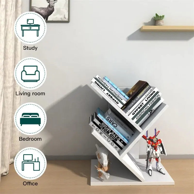 Tree-Shaped 5-Tier Wooden Desktop Bookshelf Organizer Brown White